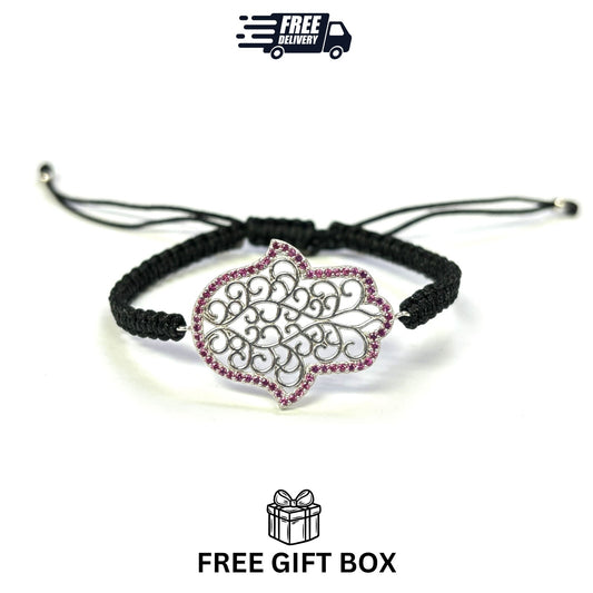 925 Sterling Silver  C Z Hamsa Bracelet 6" Adjustable to 11"