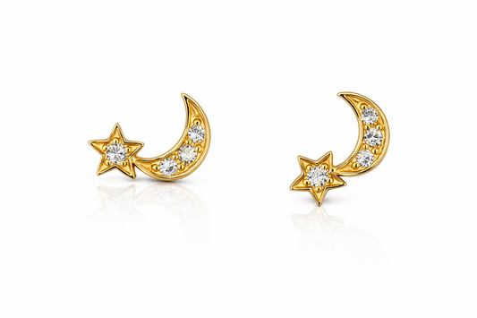 14k Yellow or White Gold Moon and Star Stud Earrings