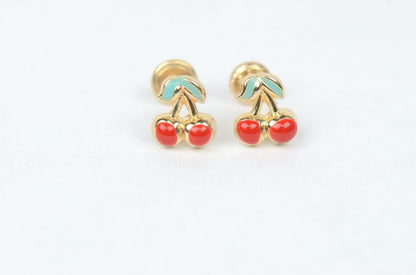 14k Yellow Gold Red and Green Enamel Cherry Baby Earrings, Screw Back
