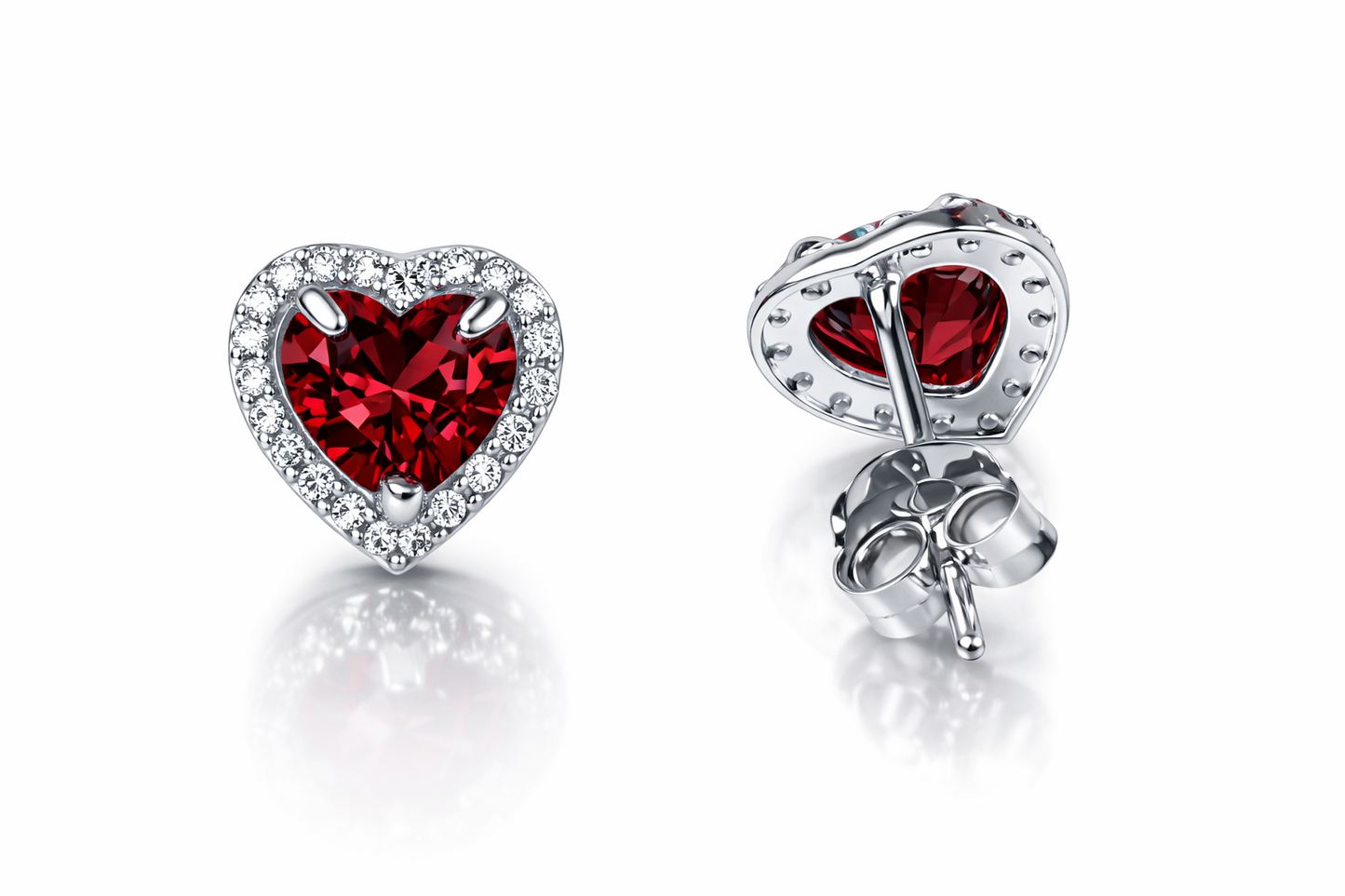 14k Solid White Gold Halo Heart Stud Earrings