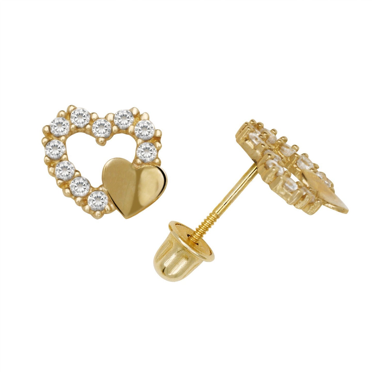 14K Yellow & White Gold  Pretty CZ Heart Shaped Stud Earrings for Women