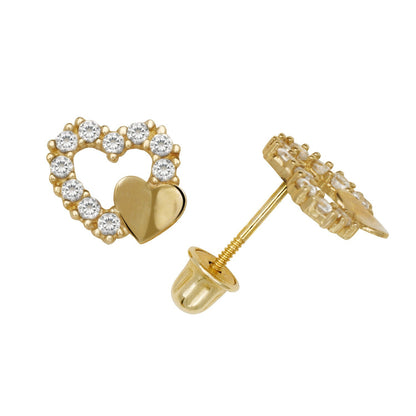 14K Yellow & White Gold  Pretty CZ Heart Shaped Stud Earrings for Women
