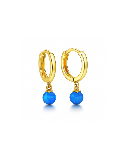 14k Yellow / White Gold Blue Opal Huggie Dangle Earrings