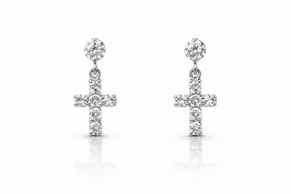 14K Yellow White Gold Cubic Zirconia CZ Cross Dangle Earrings