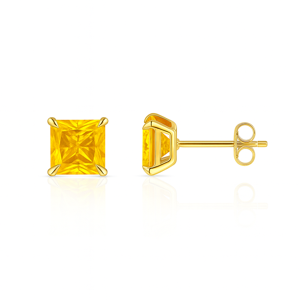 14k Yellow Gold Solid Square Princess Cut Birthstone 6MM CZ Stud Earrings
