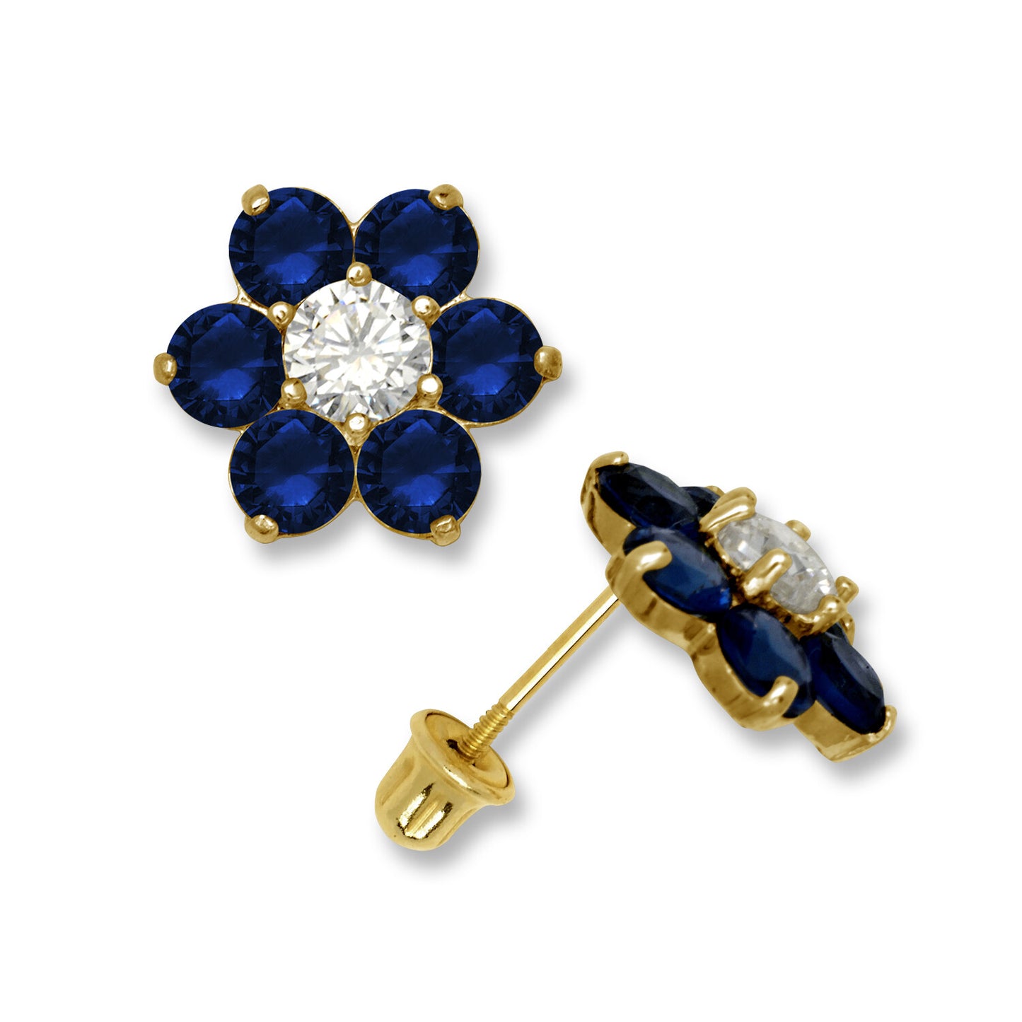14k Yellow Gold CZ Flower Birthstone Stud Screw Back Earrings