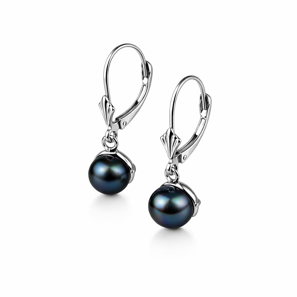 14k Yellow & White Small Gold Leverback Dangle Black Natural Pearl Earrings
