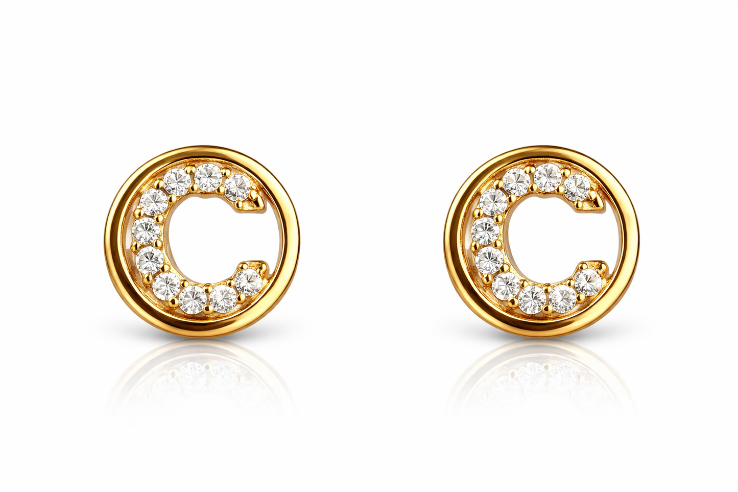 14k Yellow or White Gold Round Initial Letters CZ Stud Earrings