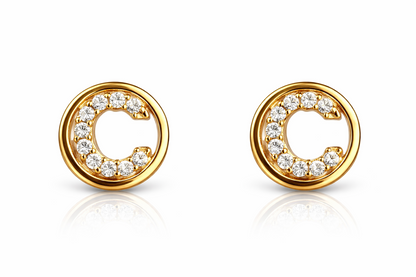 14k Yellow or White Gold Round Initial Letters CZ Stud Earrings