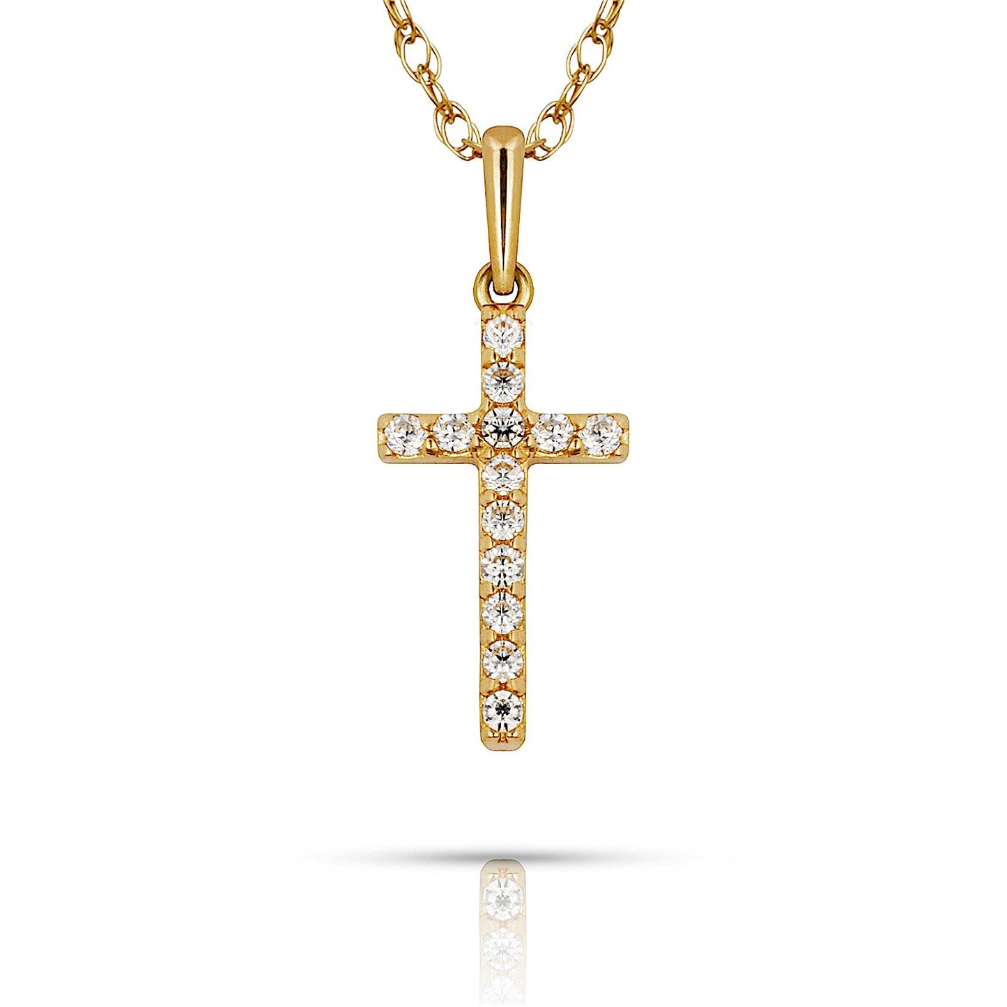 14K Yellow & White Gold Natural Round CZ 6X16mm Cross Pendant For Women