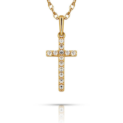 14K Yellow & White Gold Natural Round CZ 6X16mm Cross Pendant For Women