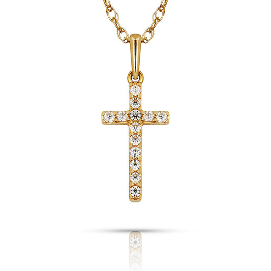 14K Yellow & White Gold Natural Round CZ 6X16mm Cross Pendant For Women
