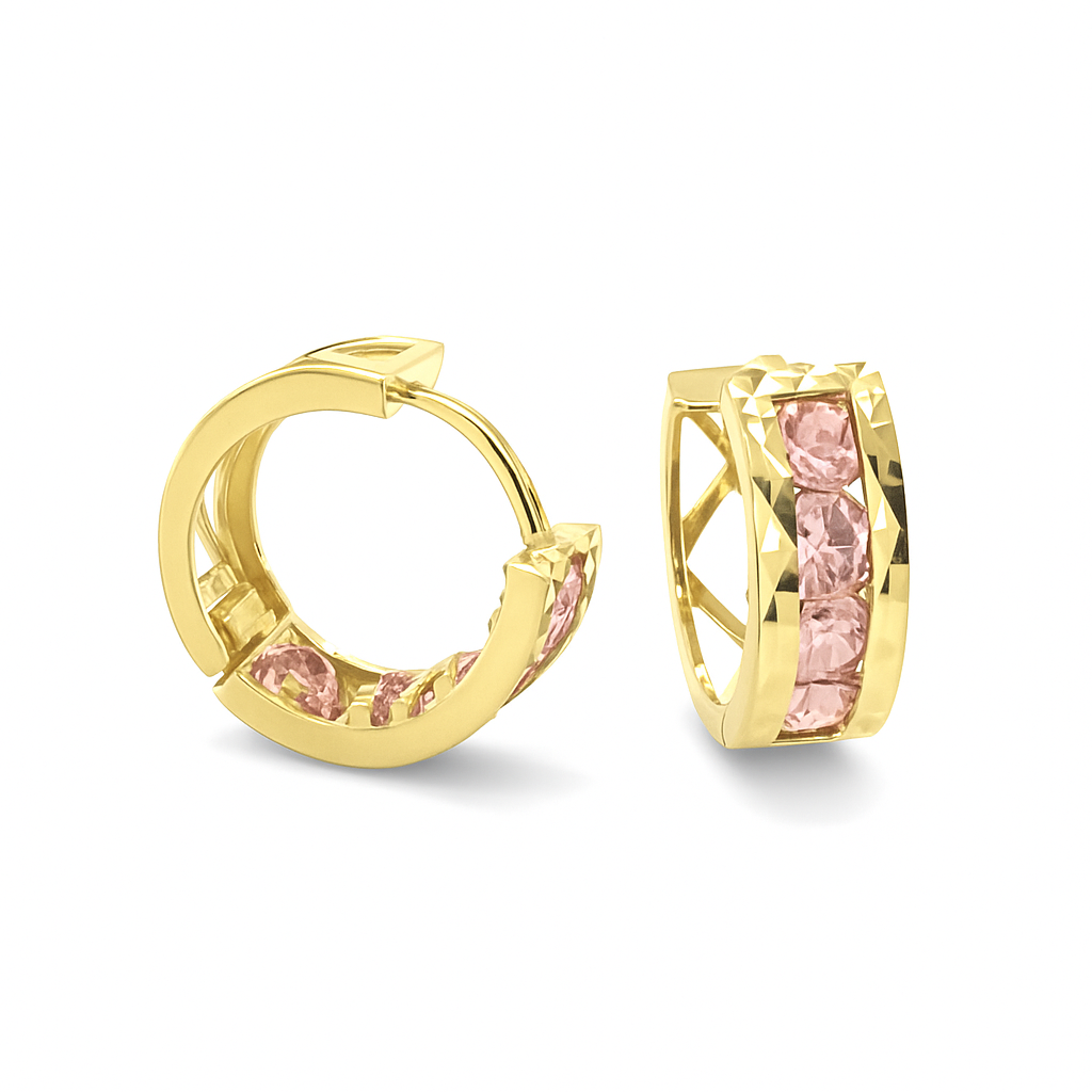 14k Yellow Gold Diamond Cut with Birthstone Huggie Earrings