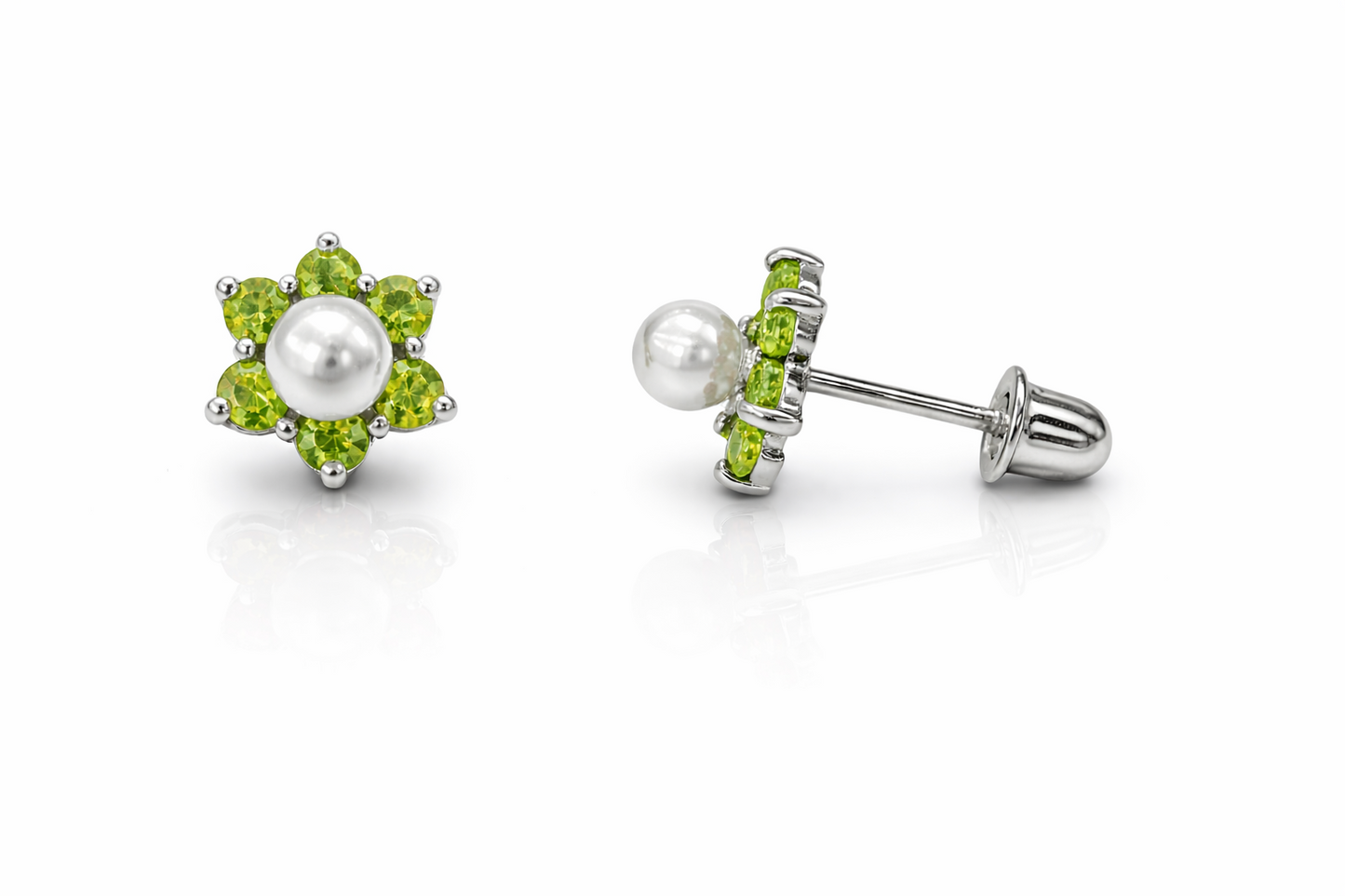 14k Yellow or White Gold Flower CZ Stud Earrings White Pearl with Screw Back