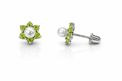 14k Yellow or White Gold Flower CZ Stud Earrings White Pearl with Screw Back