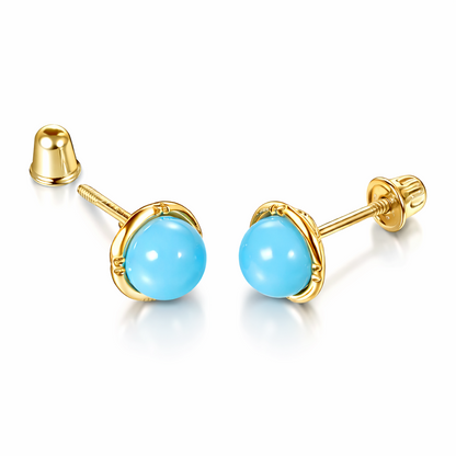 14k Yellow & White Gold Round Turquoise Screw Back Stud Earrings for Women