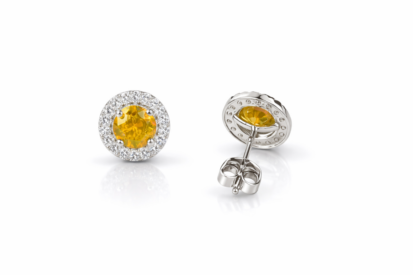14k White Gold Cubic Zirconia Halo Round Stud Push Back Earrings