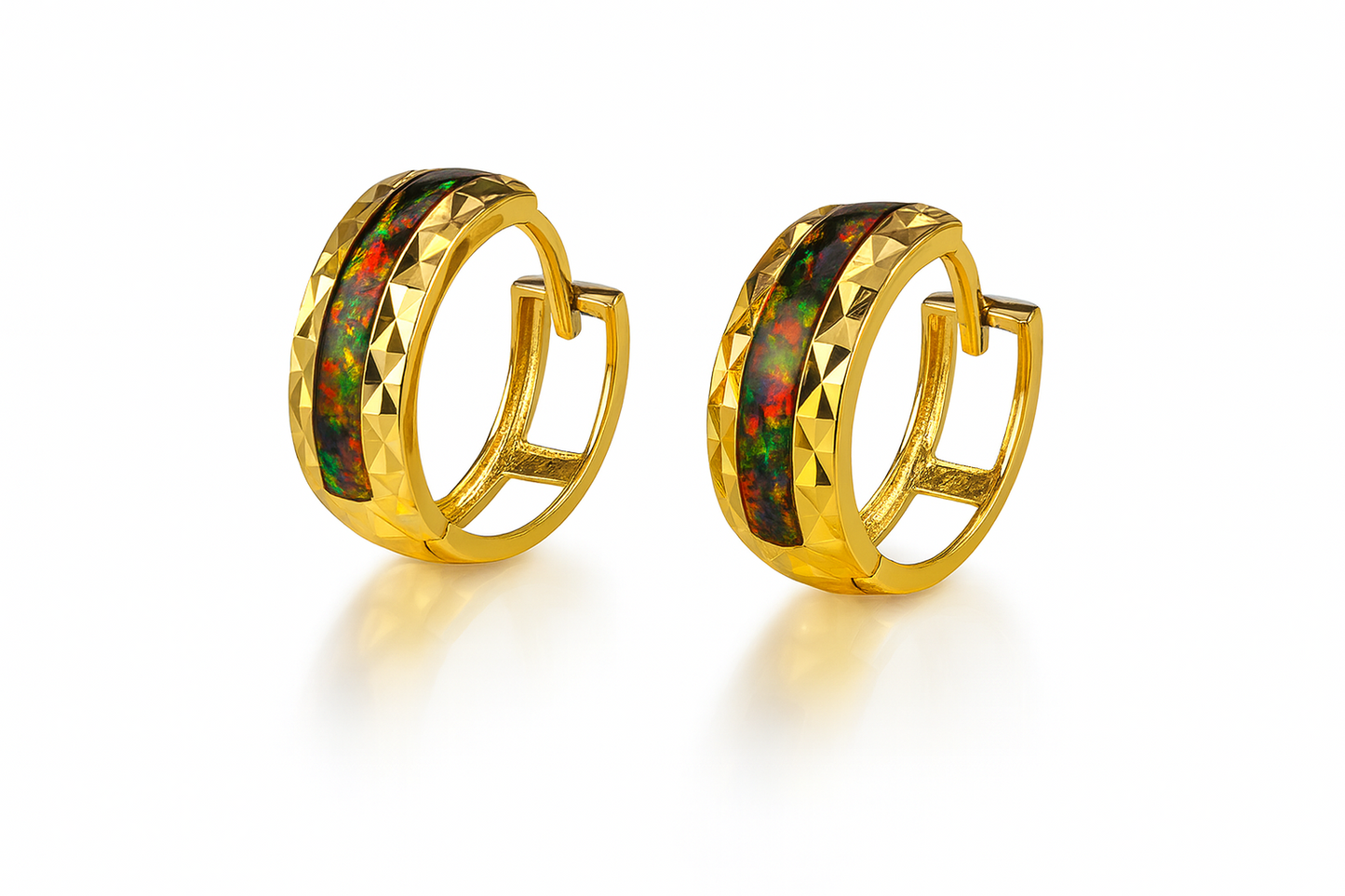 14k Yellow Gold Black Opal Huggie Hoop Earrings