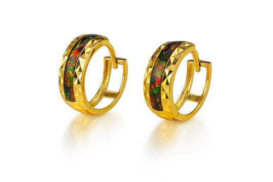 14k Yellow Gold Black Opal Huggie Hoop Earrings