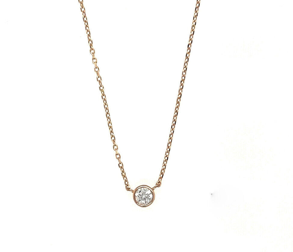 Round Solitaire Pendant Necklace Bezel Set Chain 14K Yellow/White/Rose Gold