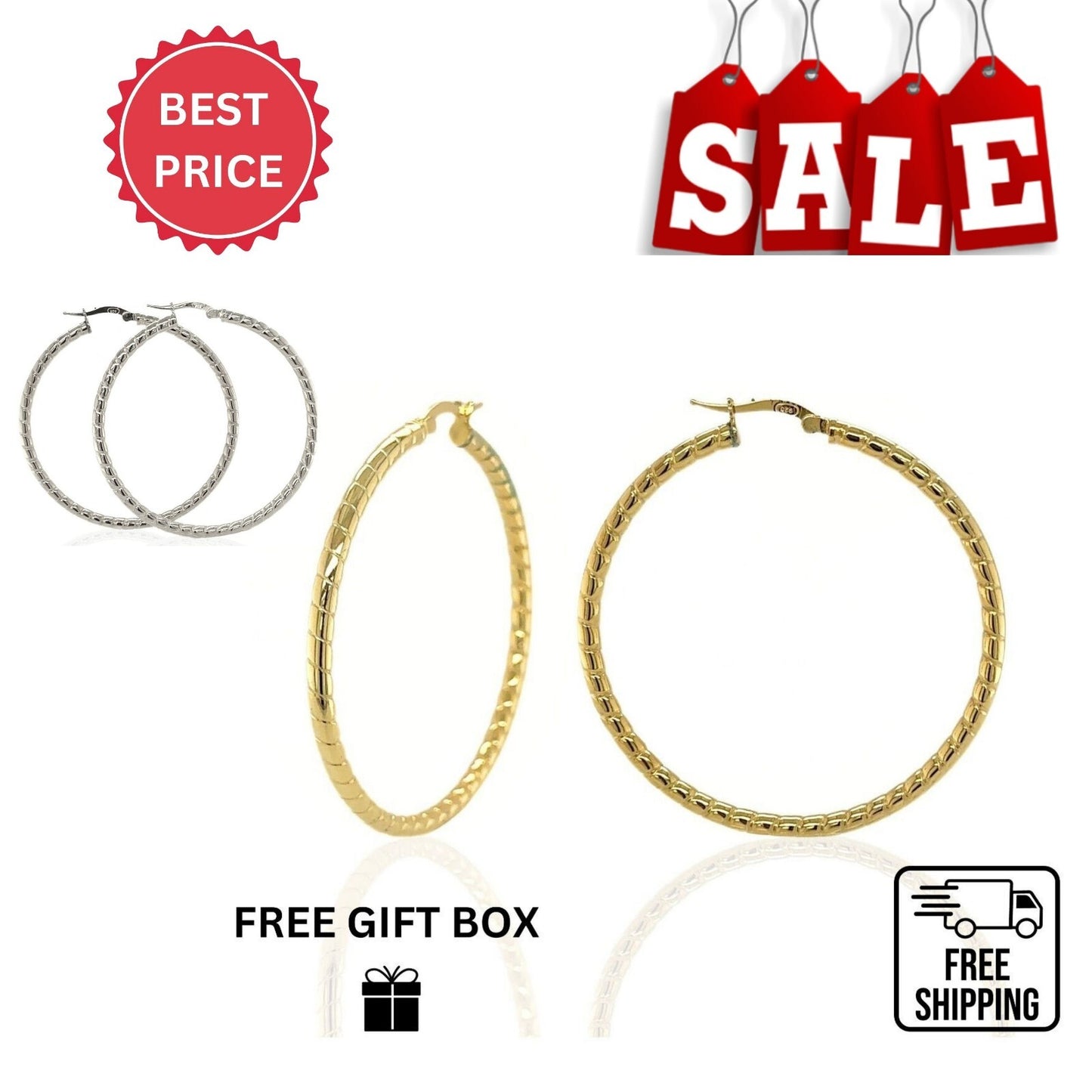 High Quality Italy 925 Sterling Silver Textured Cut Hoop Earrings All Size