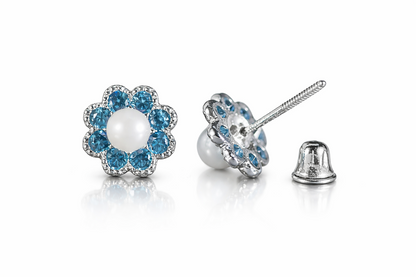 14k Yellow and White Gold Flower CZ Stud Earrings White Pearl with Screw Back