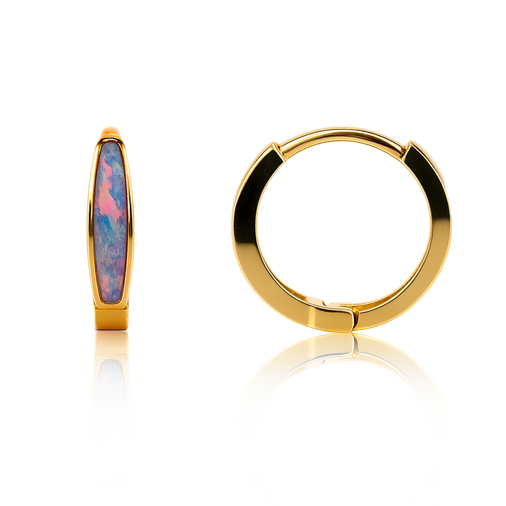 14k Yellow Gold Purple Opal Huggie Hoop Earrings