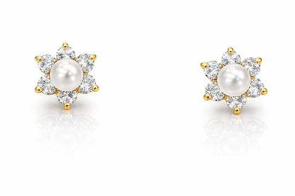 14k Yellow or White Gold Flower CZ Stud Earrings White Pearl with Screw Back