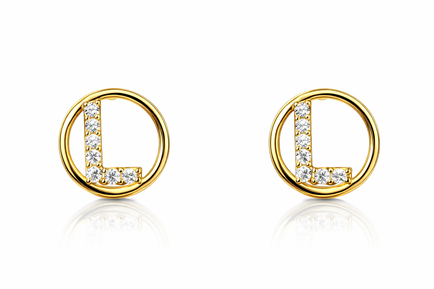 14k Yellow or White Gold Round Initial Letters CZ Stud Earrings