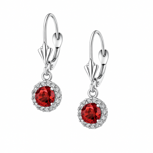 14k White Gold Halo Dangle Round Leverback Pierced Earrings Birthstone