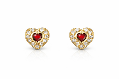 14K Yellow Gold Birthstone Heart with CZ Stud Earrings Screw Back