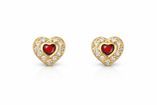 14K Yellow Gold Birthstone Heart with CZ Stud Earrings Screw Back