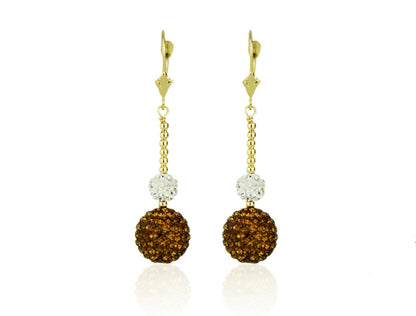 14K Yellow Gold Lever Back Dangle Ball Earrings with Genuine Czech Crystals.