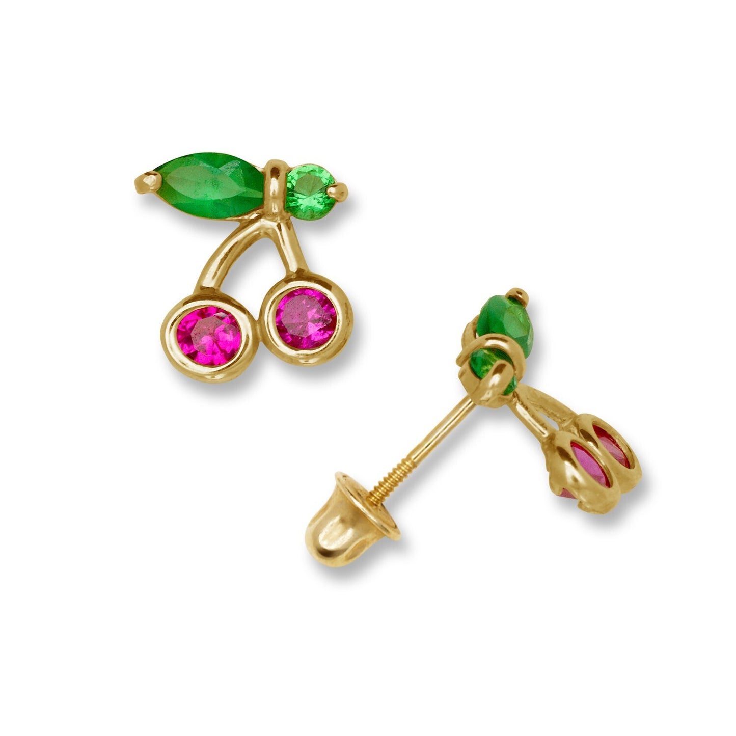 14K Yellow Gold Cherry Shaped Ruby & Emerald CZ Stone Stud Earrings for Women