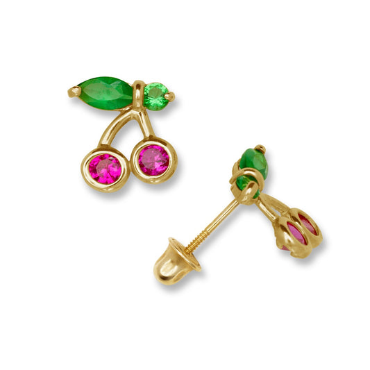 14K Yellow Gold Cherry Shaped Ruby & Emerald CZ Stone Stud Earrings for Women