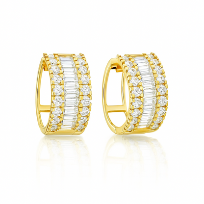 14k Yellow and White Gold  Baguette Huggie Hoop Earrings