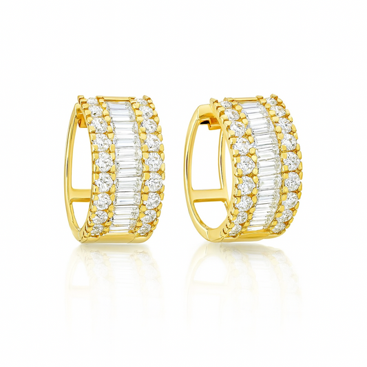 14k Yellow and White Gold  Baguette Huggie Hoop Earrings
