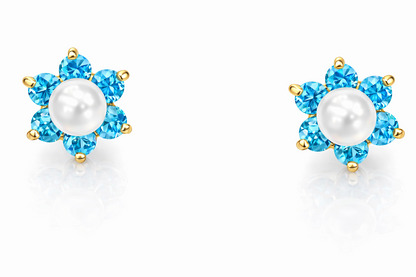 14k Yellow or White Gold Flower CZ Stud Earrings White Pearl with Screw Back