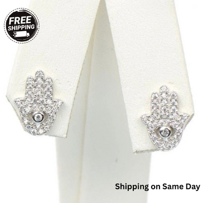 sterling silver hamsa earrings stud cz 925 evil eye white hand