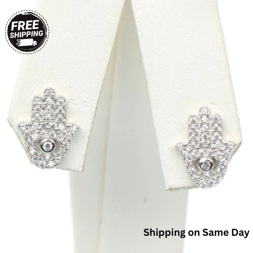 sterling silver hamsa earrings stud cz 925 evil eye white hand