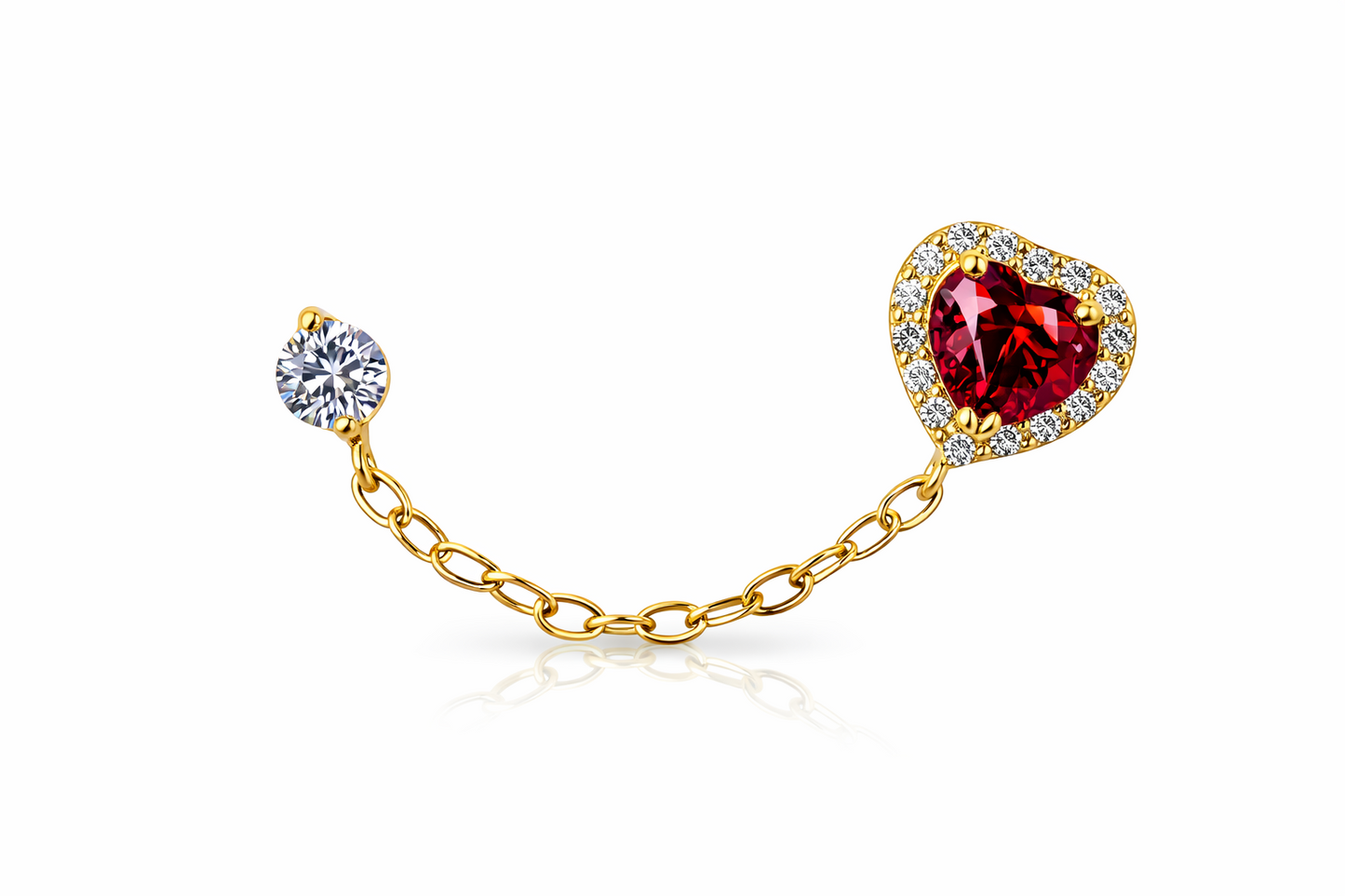 14k Yellow Gold Halo Heart CZ Stud Earrings with chain Push back