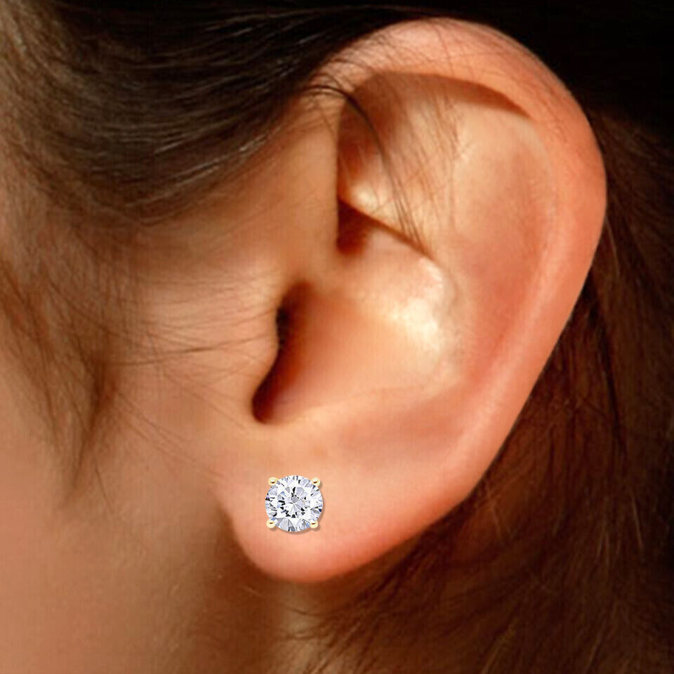 14K Gold GRA Certified D-VVS1 Round Moissanite Push Back Studs Earrings