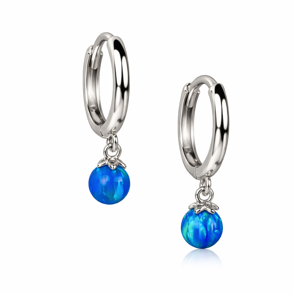 14k Yellow / White Gold Light Blue Opal Huggie Dangle Earrings