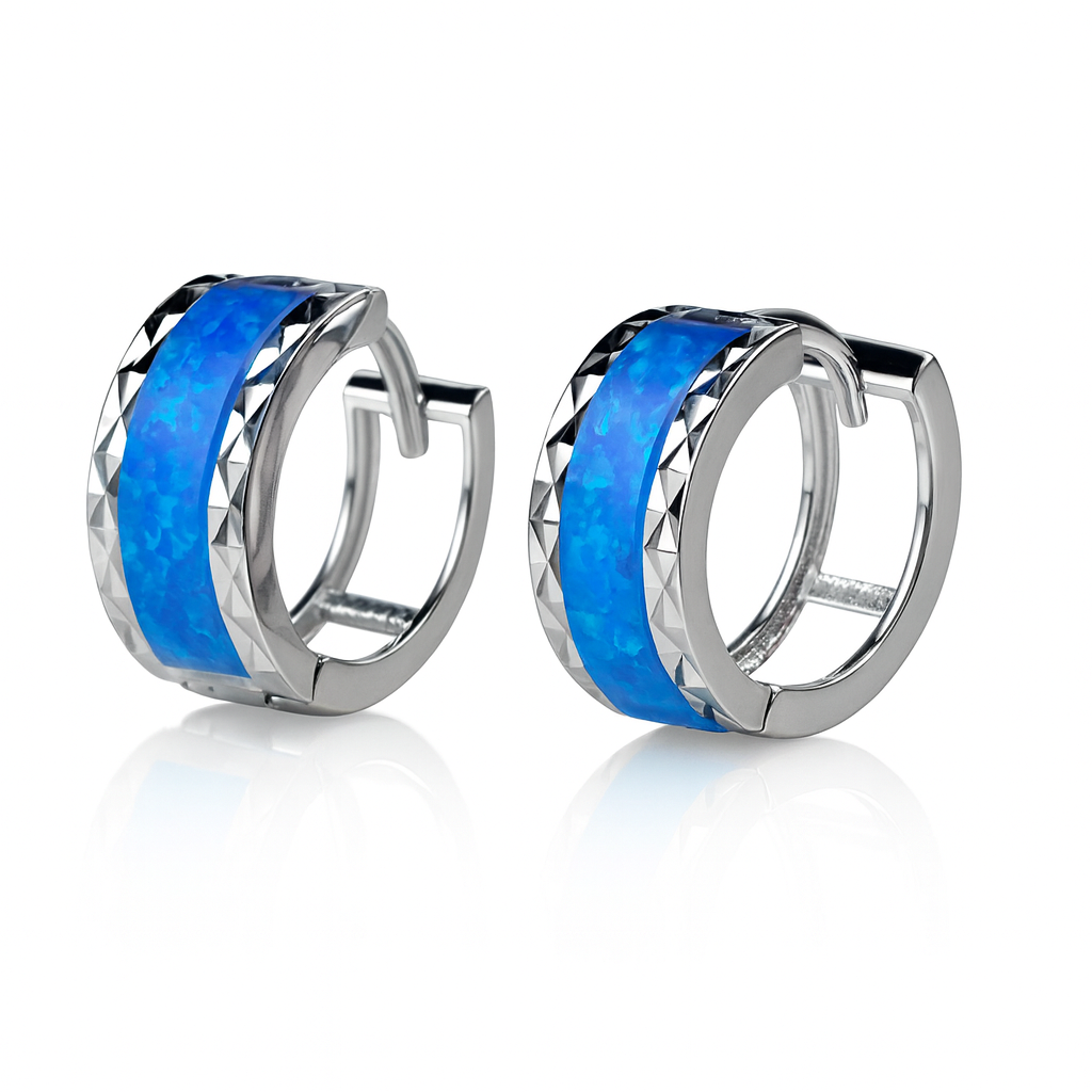 14k White Gold Dark Blue Opal Huggie Hoop Earrings