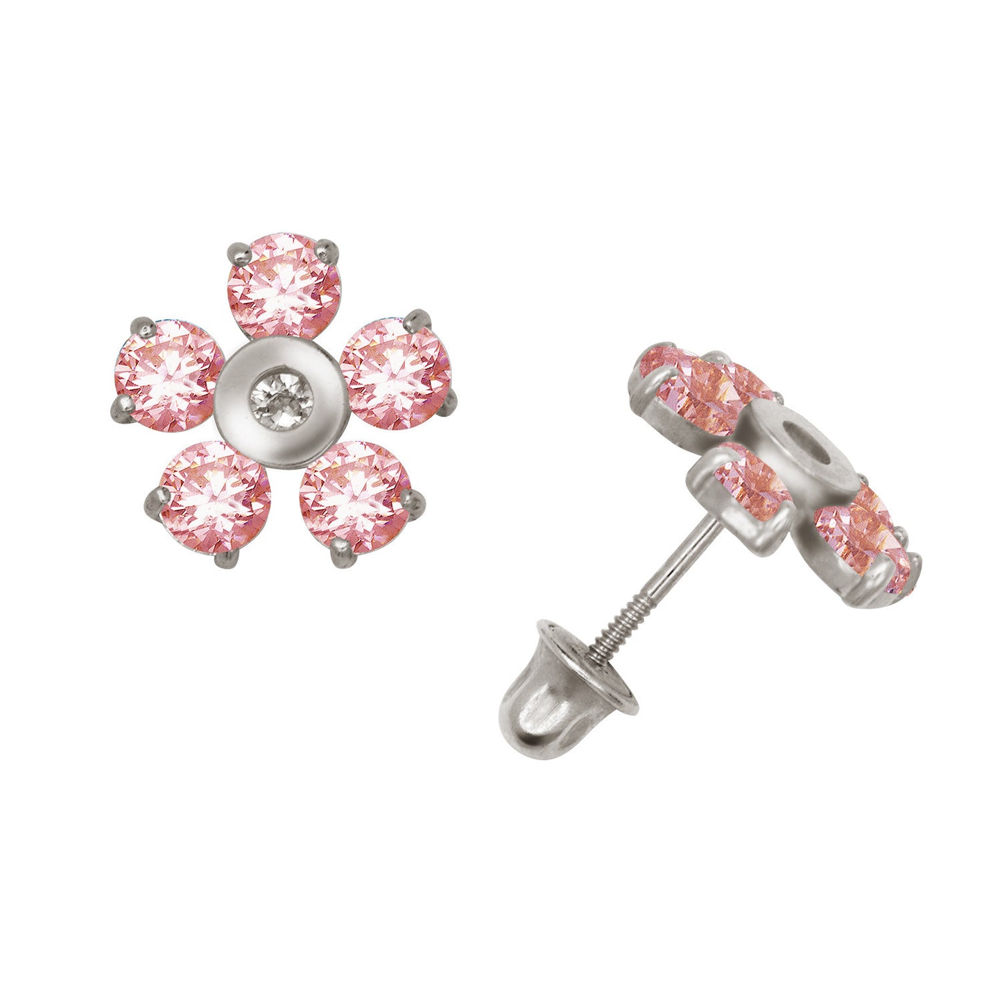 14k Yellow or White Gold CZ Flower Birthstone Stud Screw Back Earrings