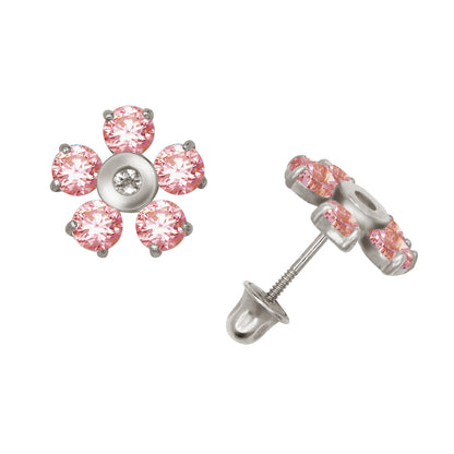 14k Yellow or White Gold CZ Flower Birthstone Stud Screw Back Earrings