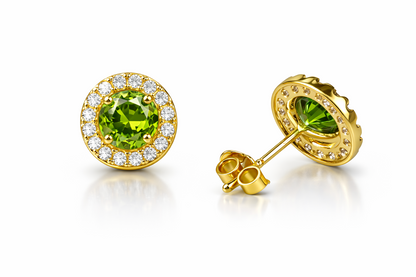 14K Solid Yellow Gold Halo Stud Push Back Earrings