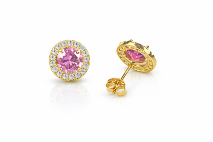 14K Solid Yellow Gold Round Halo CZ Stud Push Back Earrings
