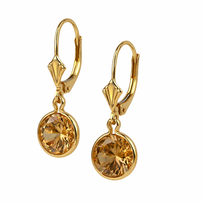 14K Yellow Gold Birthstone Round CZ Dangle Leverback Earrings