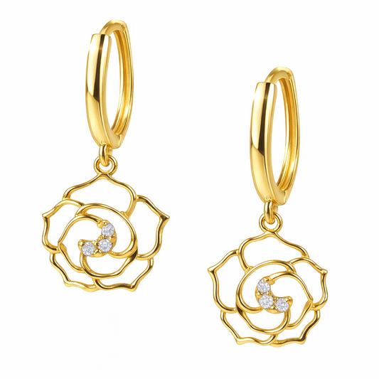14k Yellow / White Gold Dangle CZ Flower Huggie Earrings
